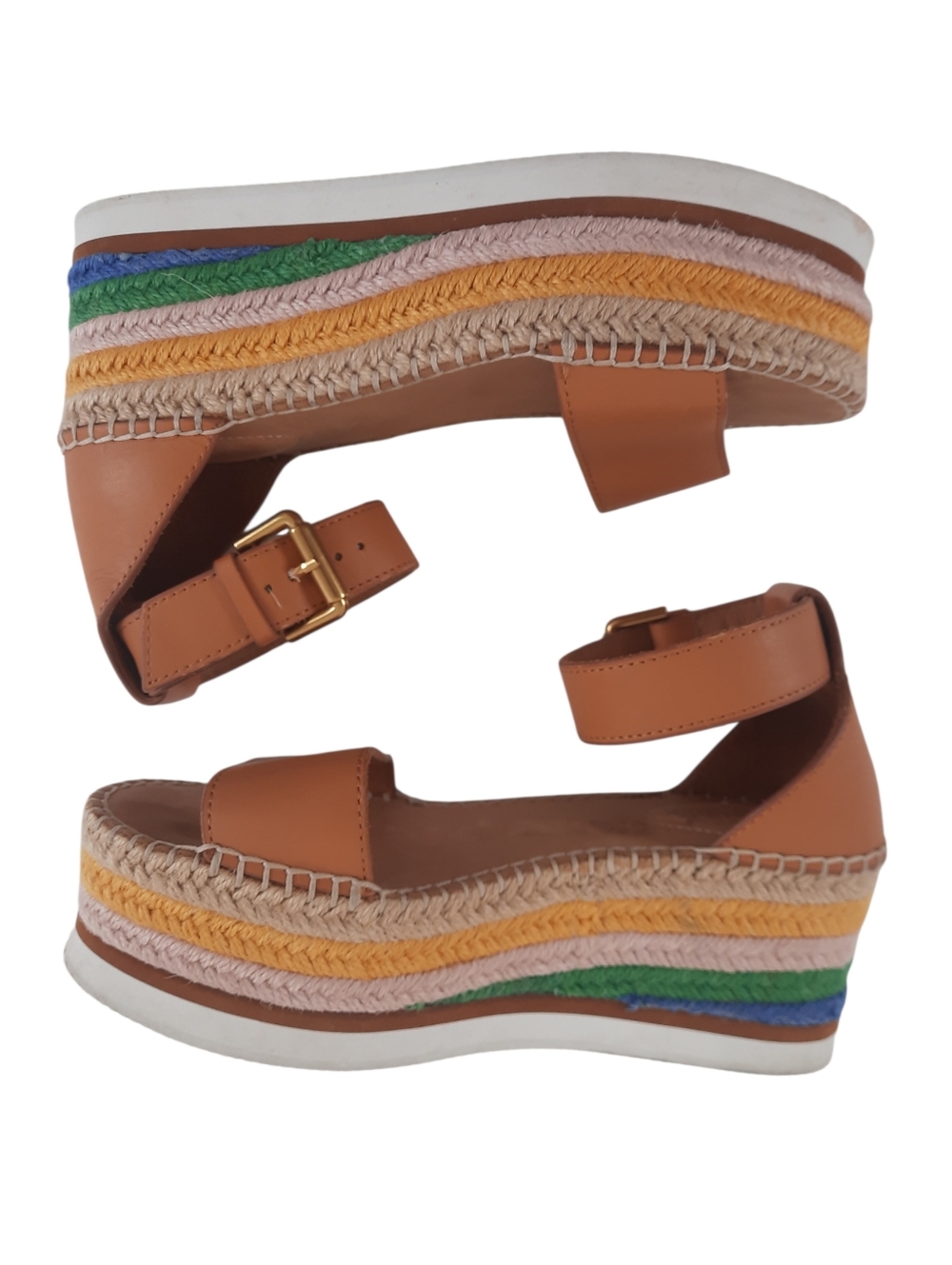 SEE BY CHLOE Rainbow Sandal Leather Jute Platform Espadrille Wedge Logo Tan 37 7 - Picture 6 of 8
